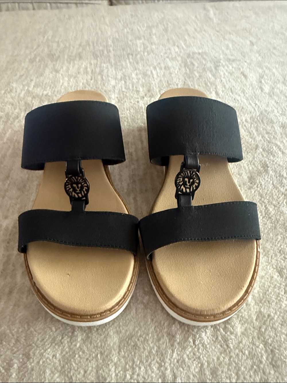 Anne Klein Black Double-Band Slide Sandals with Gold Medallion Accent - Picture 3 of 10